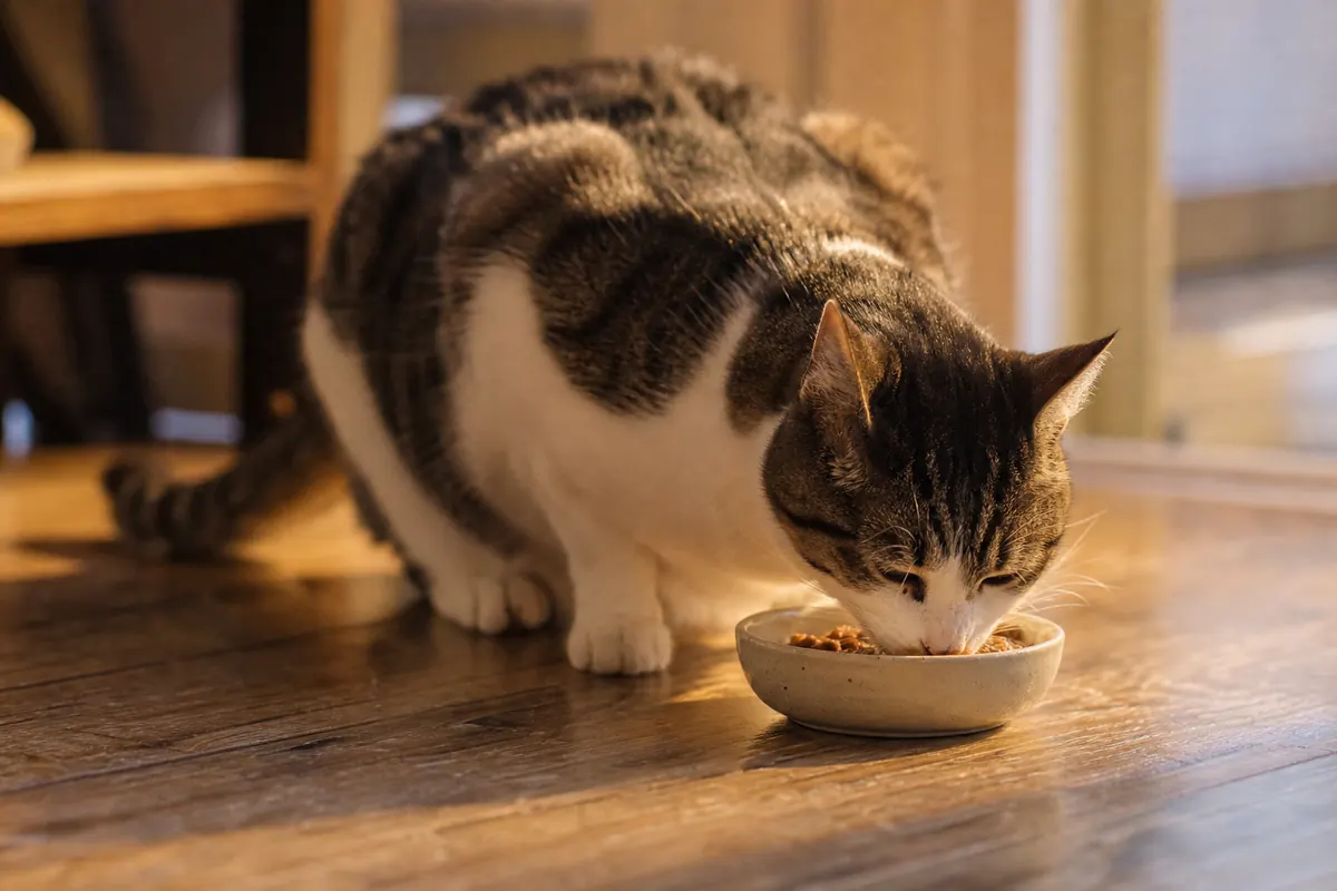 Chat mangeant dans une gamelle en céramique sur un parquet, lumière dorée du soir